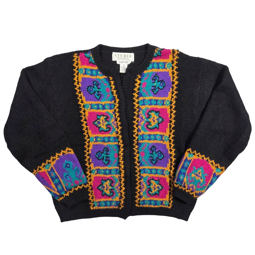 Studio Michelle Stuart Vintage 90s Wool‎ Blend Hand Knit Cardigan Black S Retro